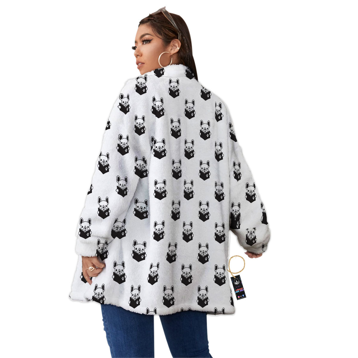 Reading Book French Bulldog Print Women's Sherpa Jacket-grizzshop