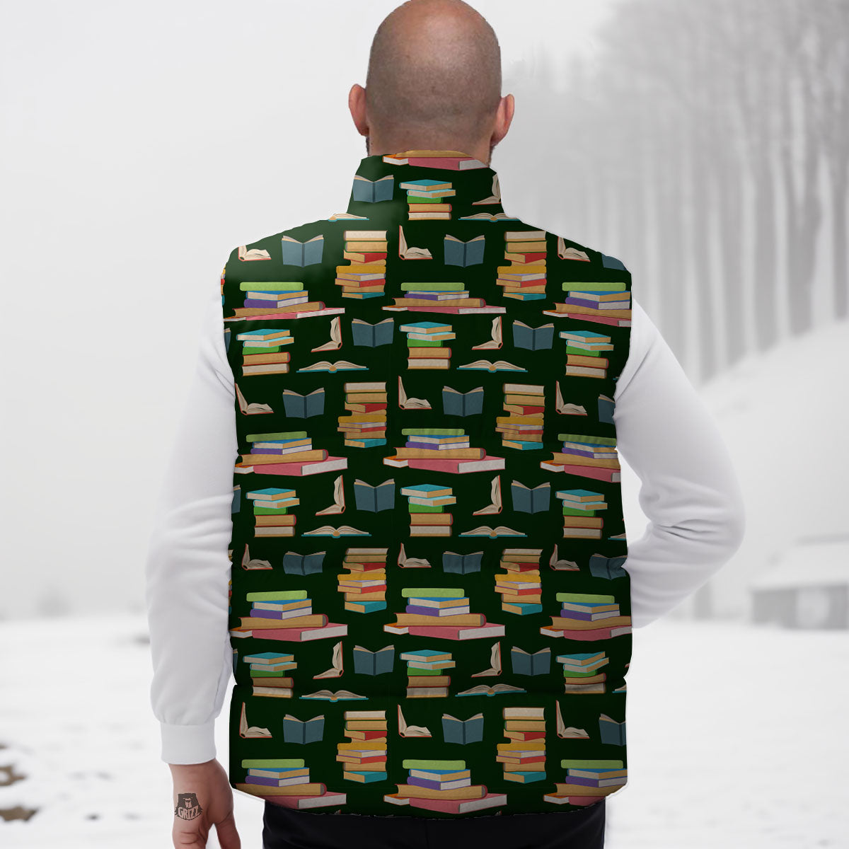 Reading Books Pile Print Pattern Down Vest-grizzshop