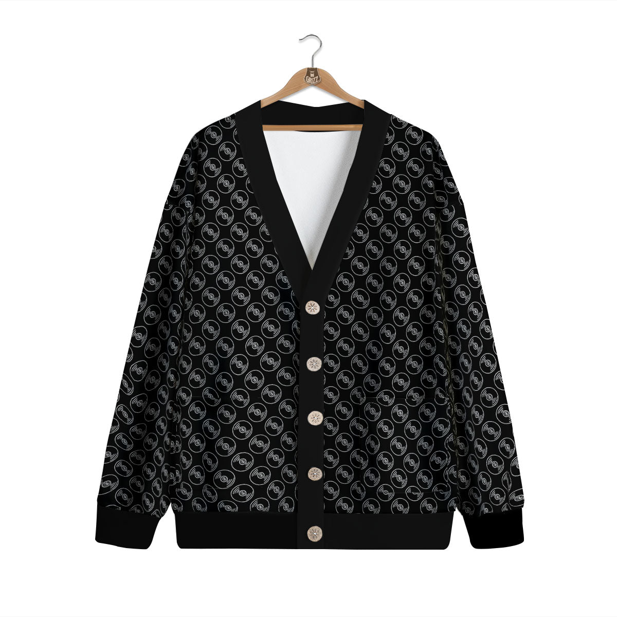 Record Black Vinyl Print Pattern Cardigan-grizzshop