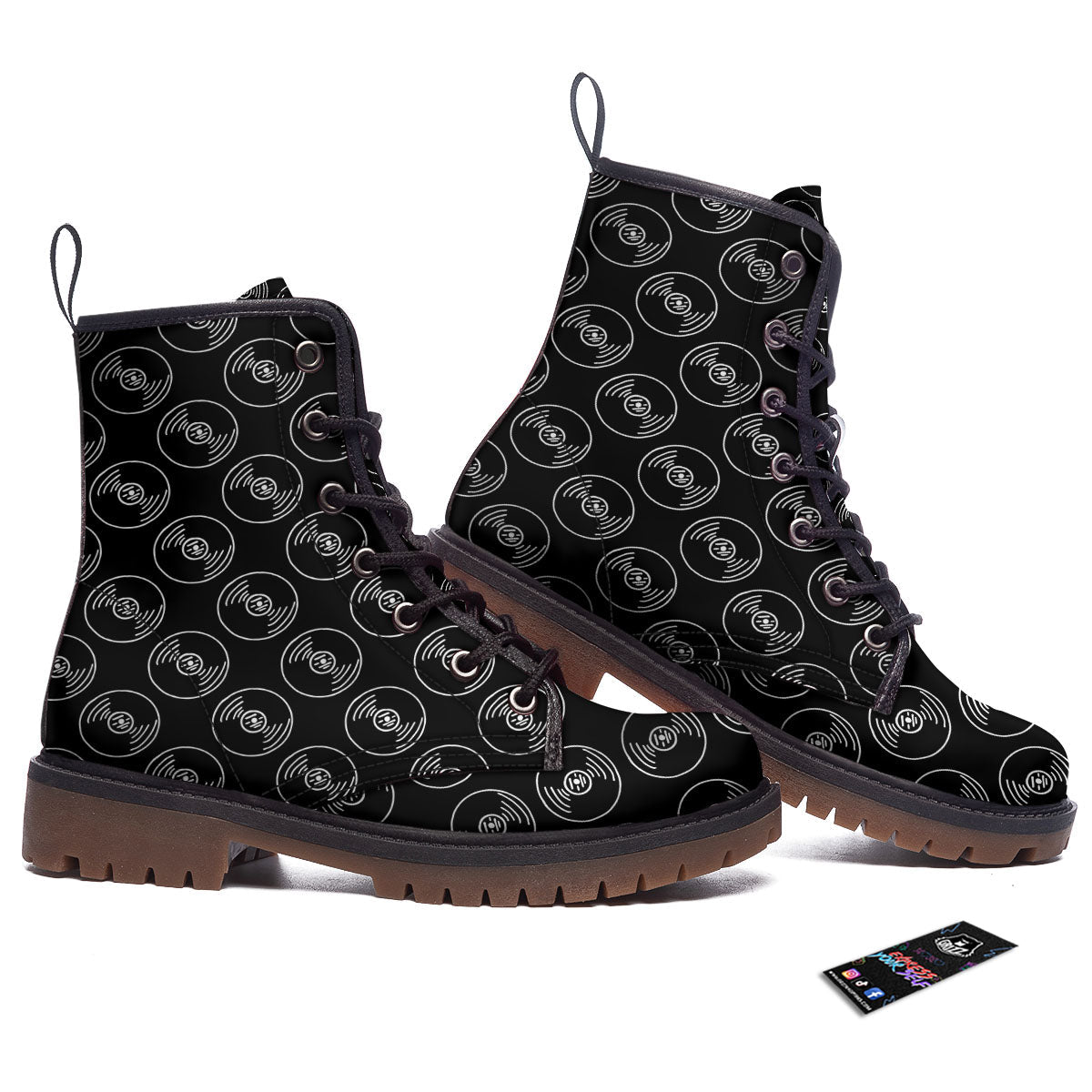 Record Black Vinyl Print Pattern Work Boots-grizzshop