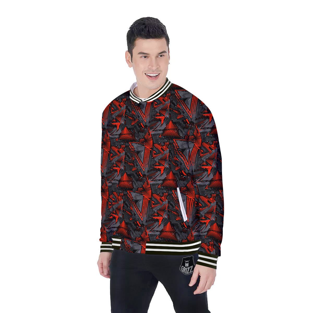 Red Abstract Grunge Print Pattern Baseball Jacket-grizzshop