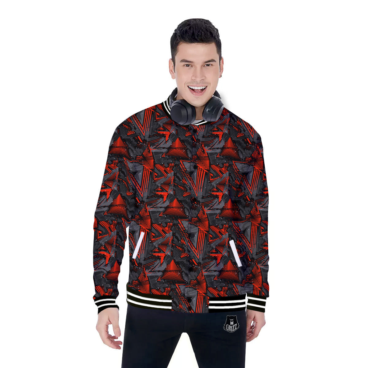 Red Abstract Grunge Print Pattern Baseball Jacket-grizzshop