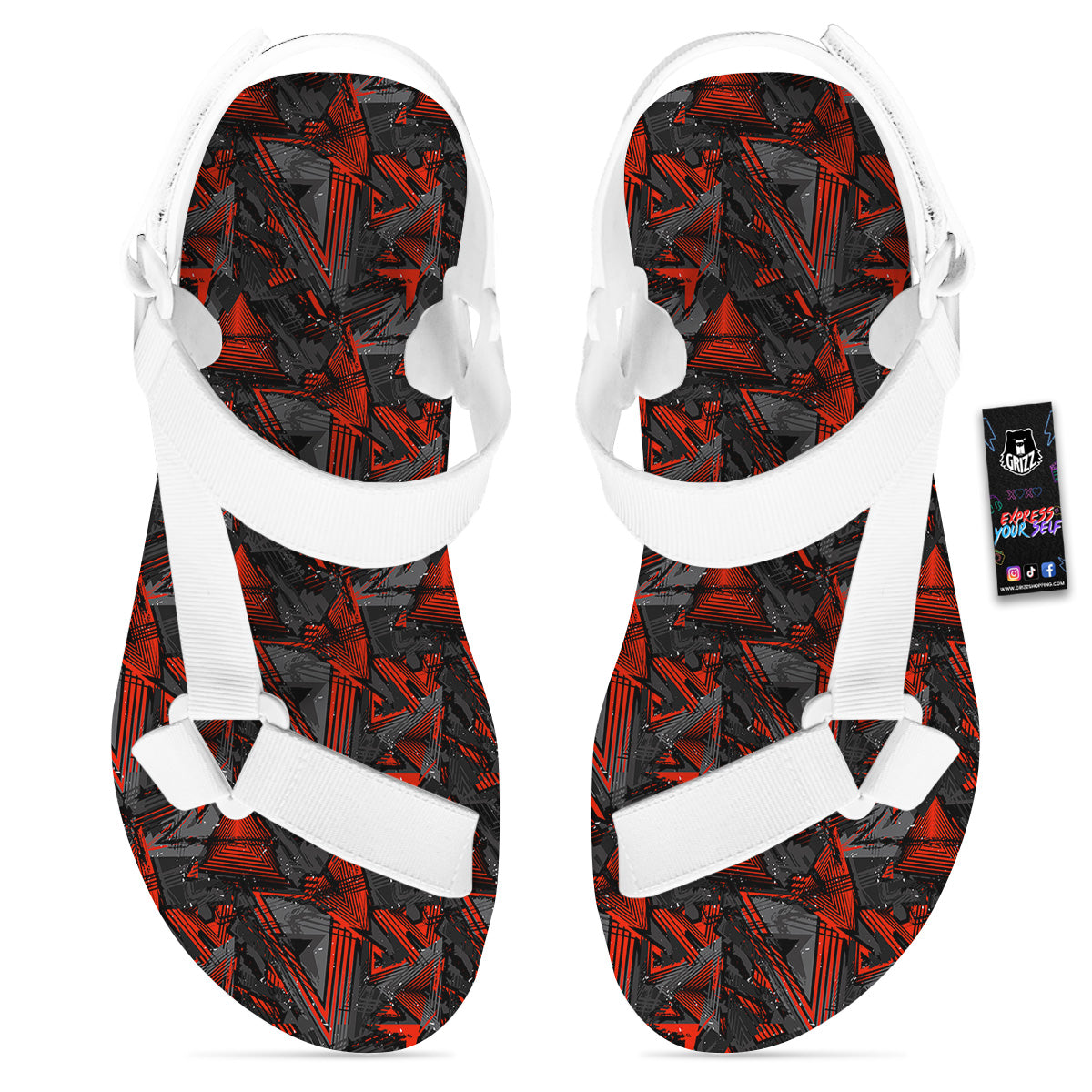 Red Abstract Grunge Print Pattern White Open Toe Sandals-grizzshop