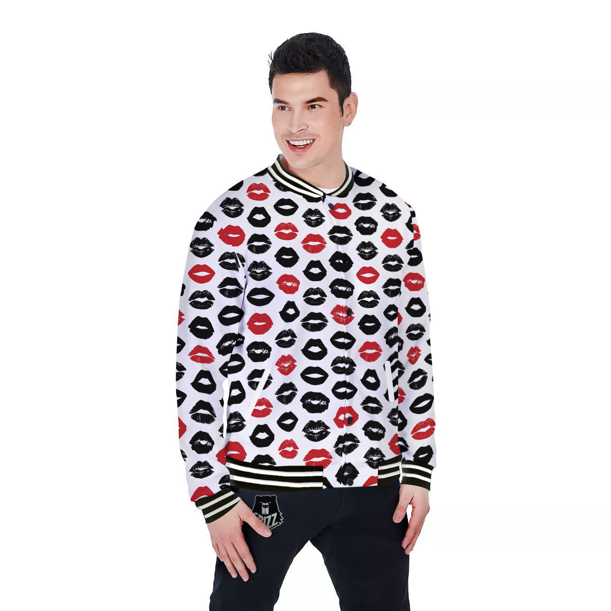 Red And Black Lips Print Pattern Baseball Jacket-grizzshop