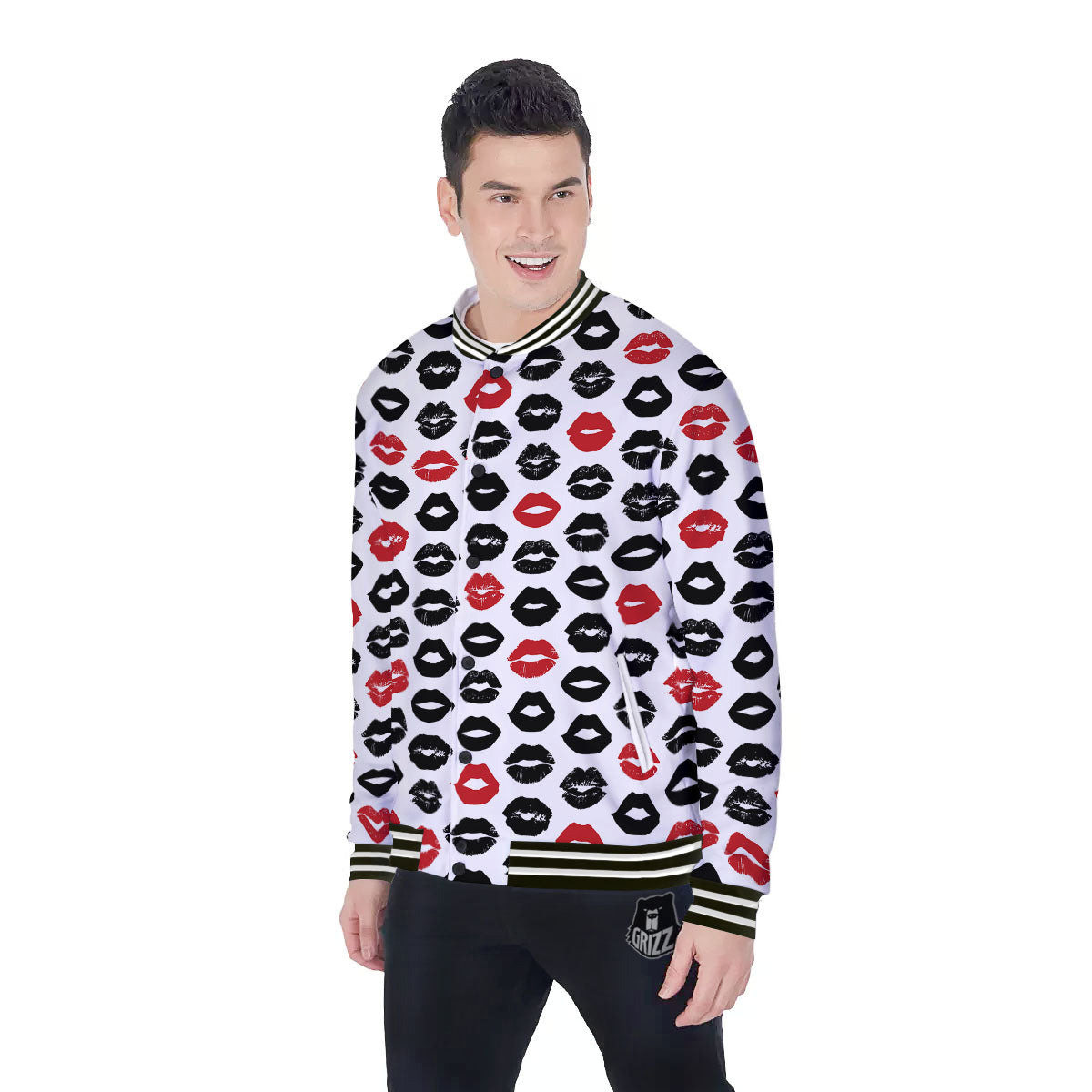 Red And Black Lips Print Pattern Baseball Jacket-grizzshop