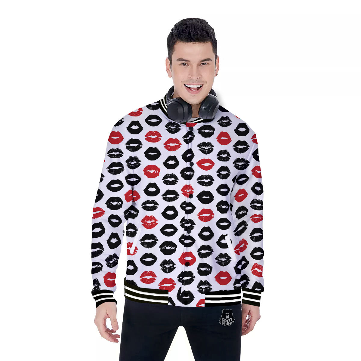 Red And Black Lips Print Pattern Baseball Jacket-grizzshop