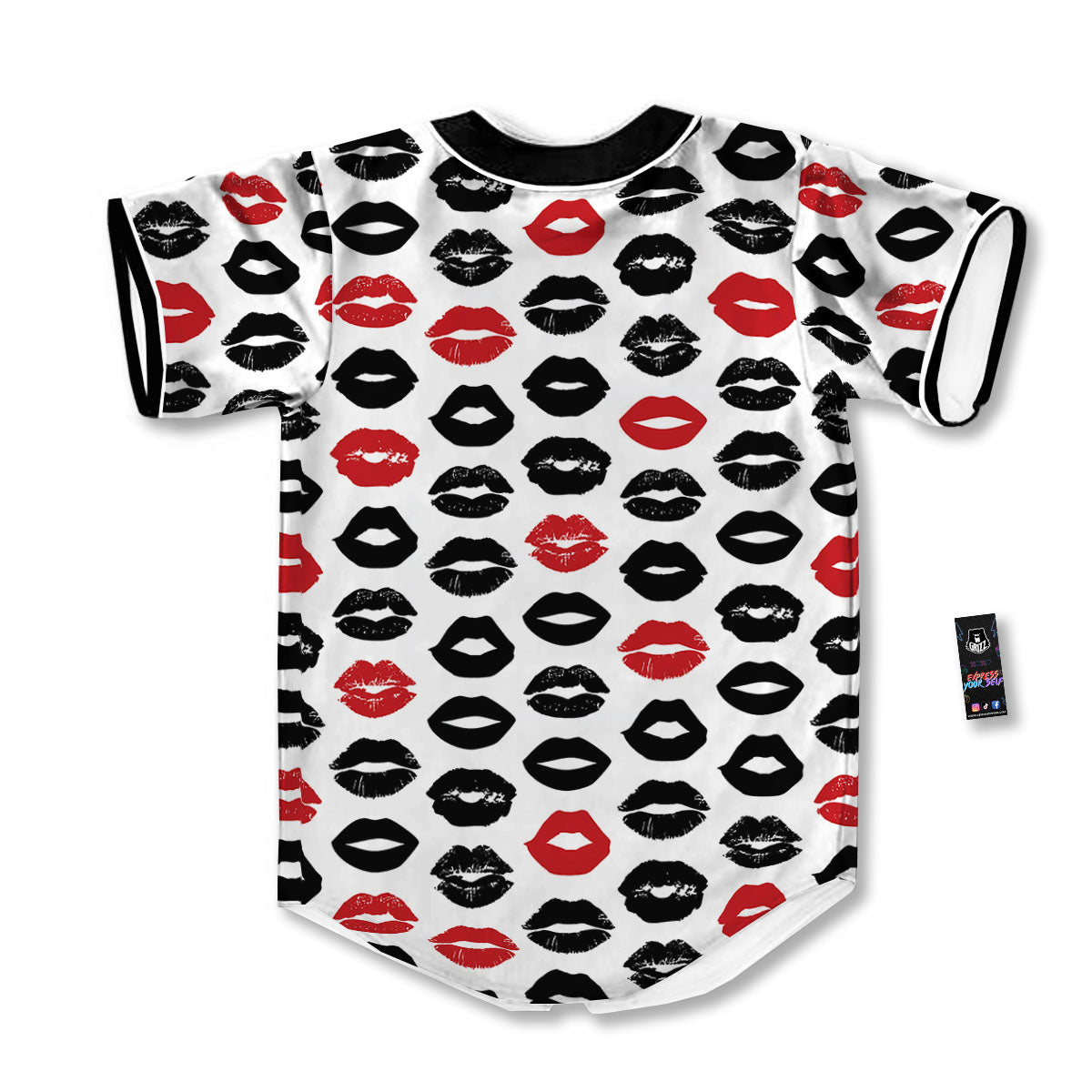 Red And Black Lips Print Pattern Baseball Jersey-grizzshop