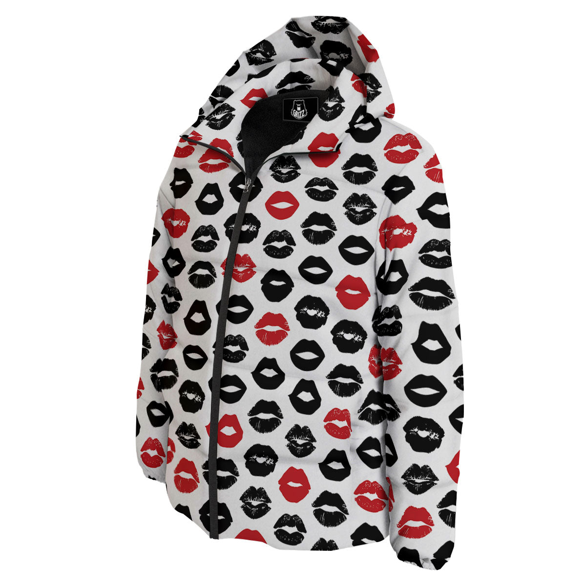 Red And Black Lips Print Pattern Down Jacket-grizzshop