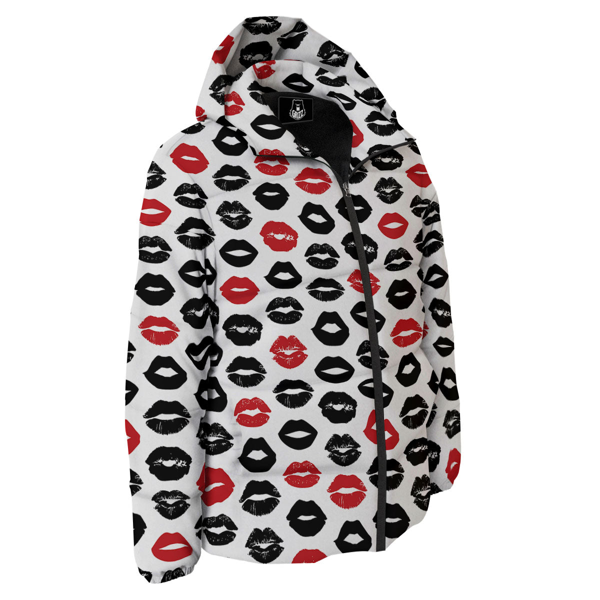 Red And Black Lips Print Pattern Down Jacket-grizzshop