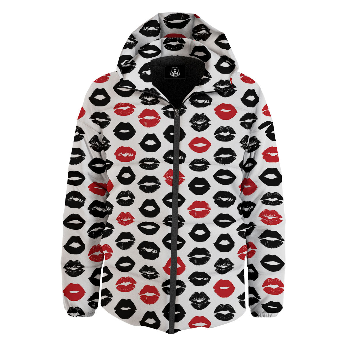 Red And Black Lips Print Pattern Down Jacket-grizzshop