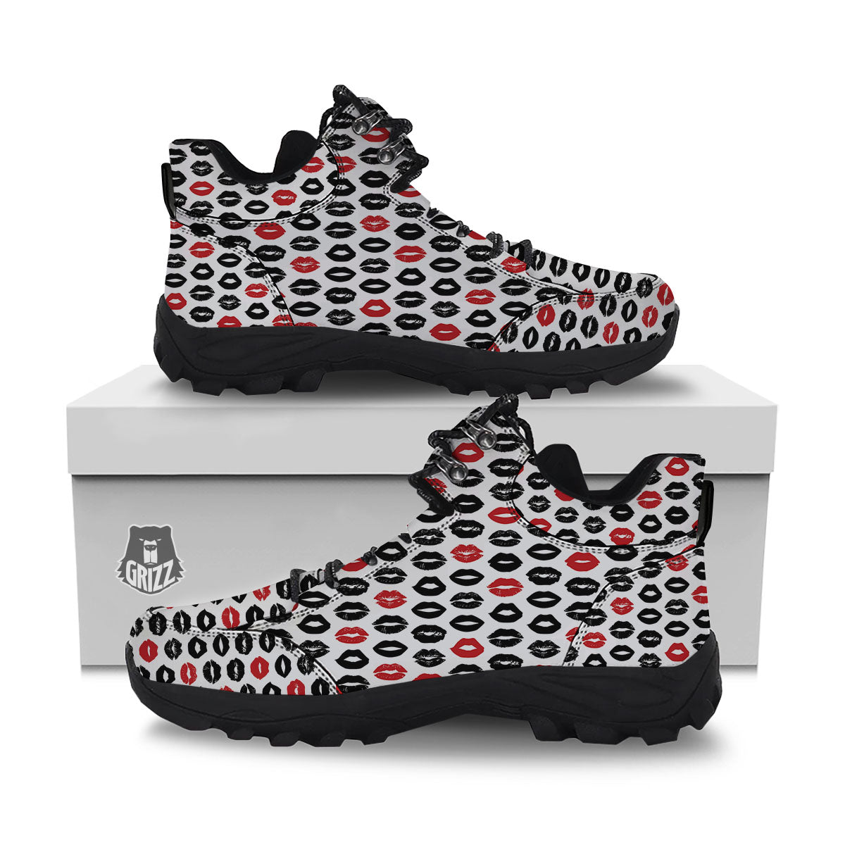 Red And Black Lips Print Pattern Hiking Shoes-grizzshop