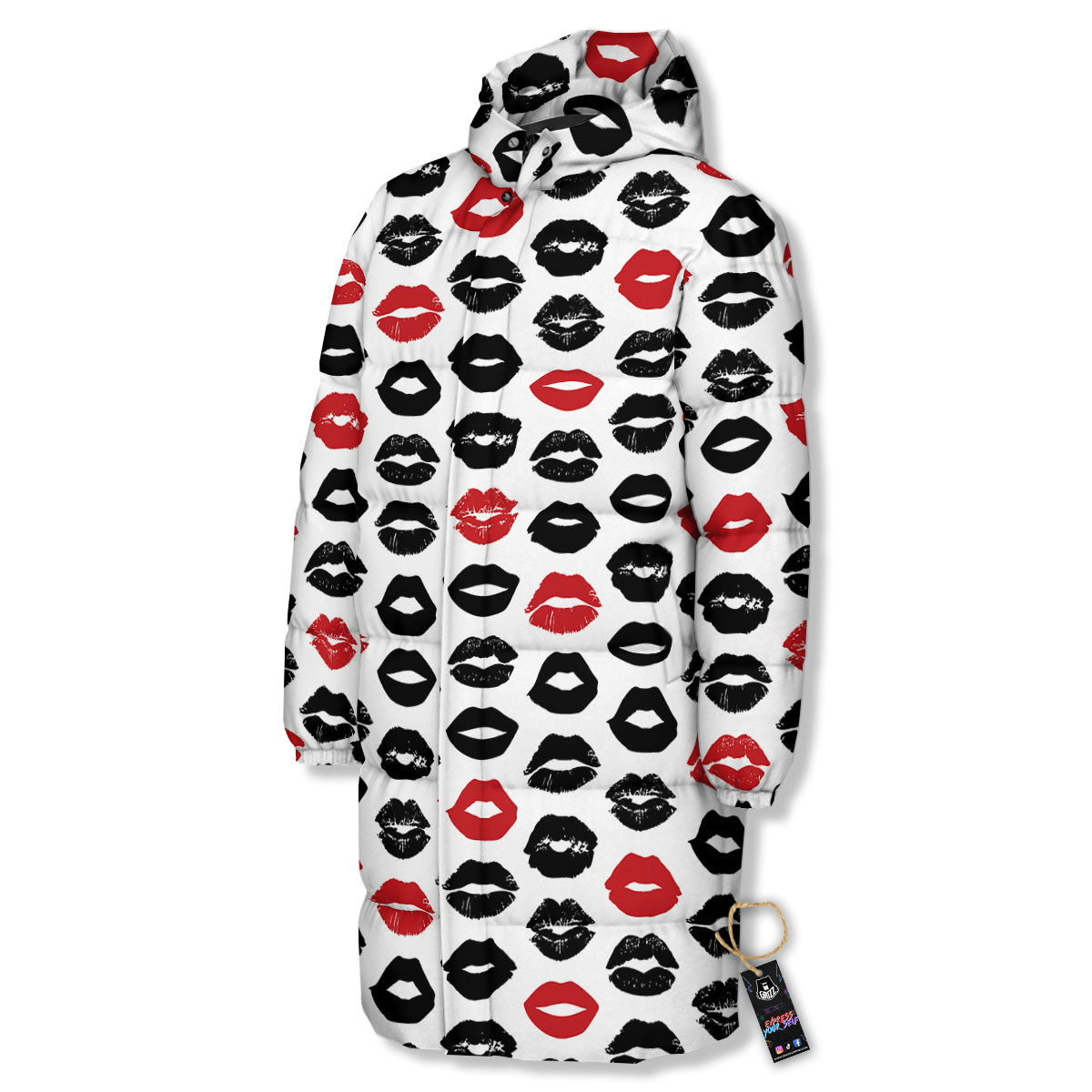 Red And Black Lips Print Pattern Long Down Jacket-grizzshop