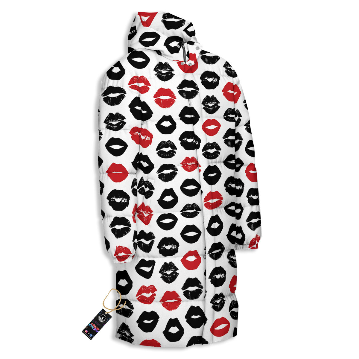 Red And Black Lips Print Pattern Long Down Jacket-grizzshop