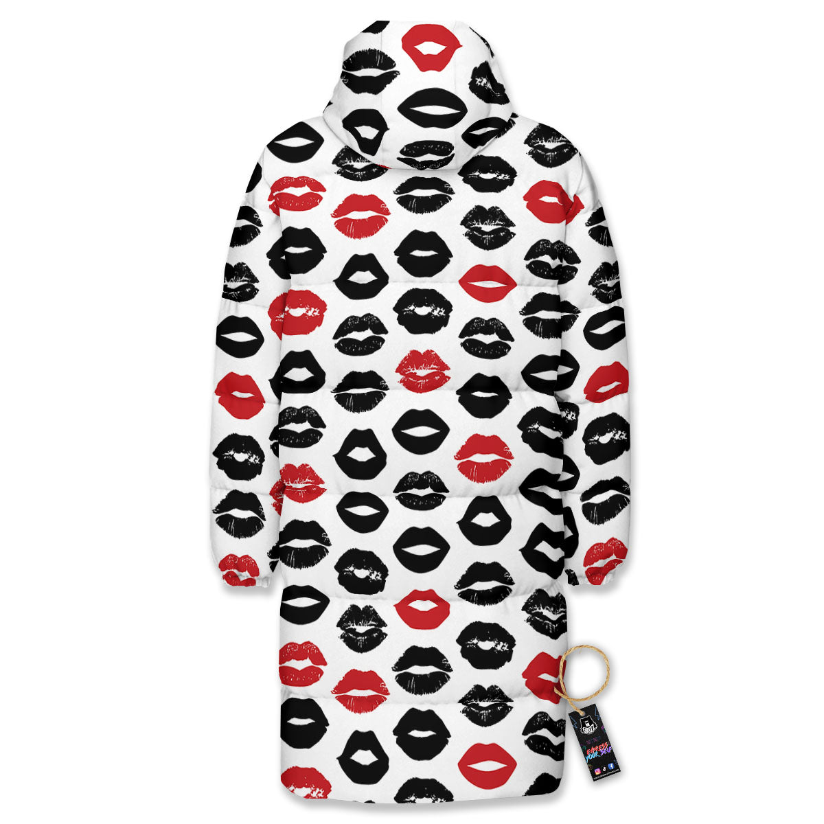 Red And Black Lips Print Pattern Long Down Jacket-grizzshop