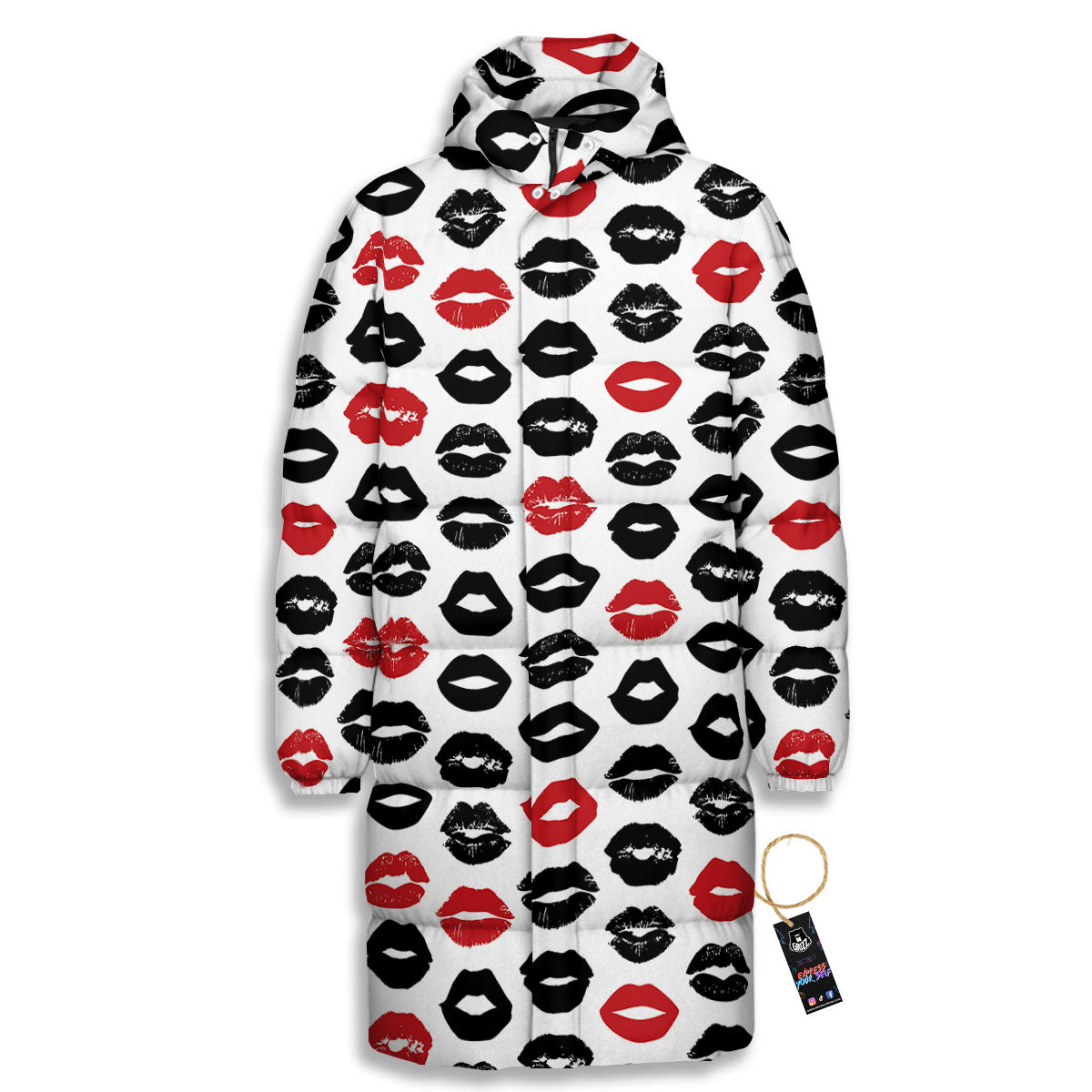 Red And Black Lips Print Pattern Long Down Jacket-grizzshop