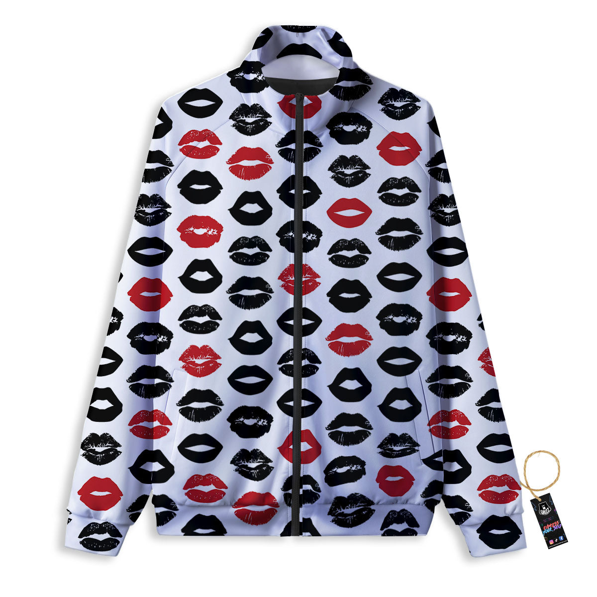 Red And Black Lips Print Pattern Track Jacket-grizzshop