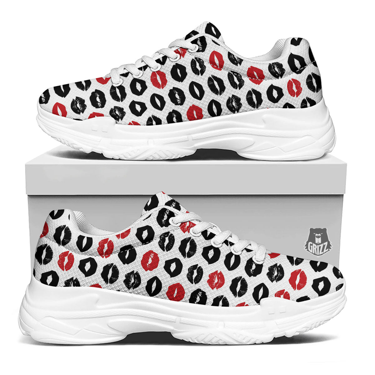 Red And Black Lips Print Pattern White Chunky Shoes-grizzshop