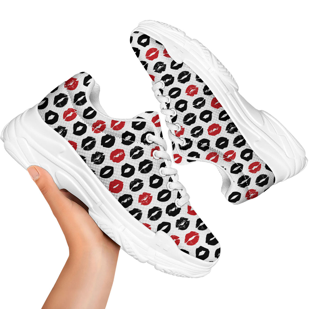 Red And Black Lips Print Pattern White Chunky Shoes-grizzshop