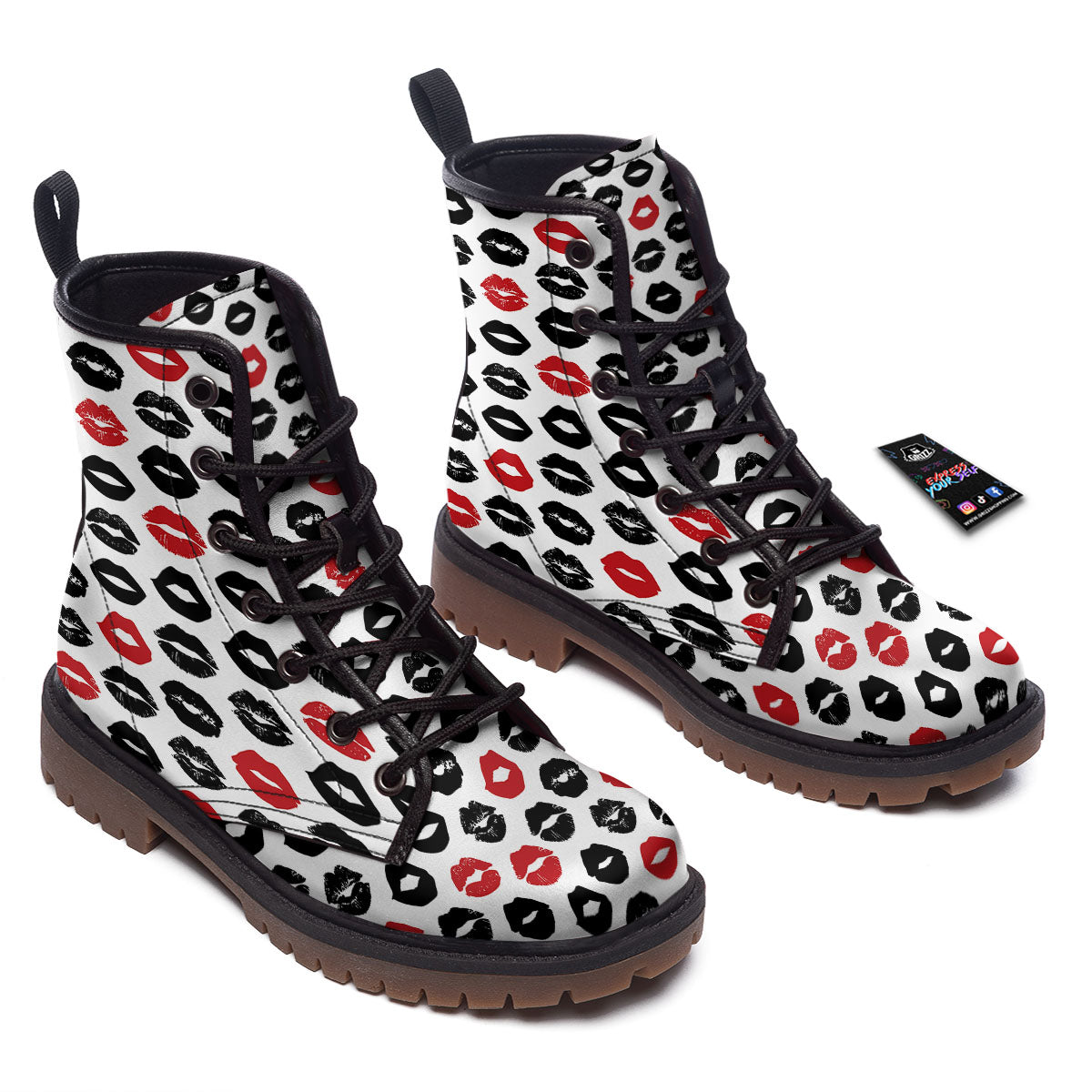 Red And Black Lips Print Pattern Work Boots-grizzshop