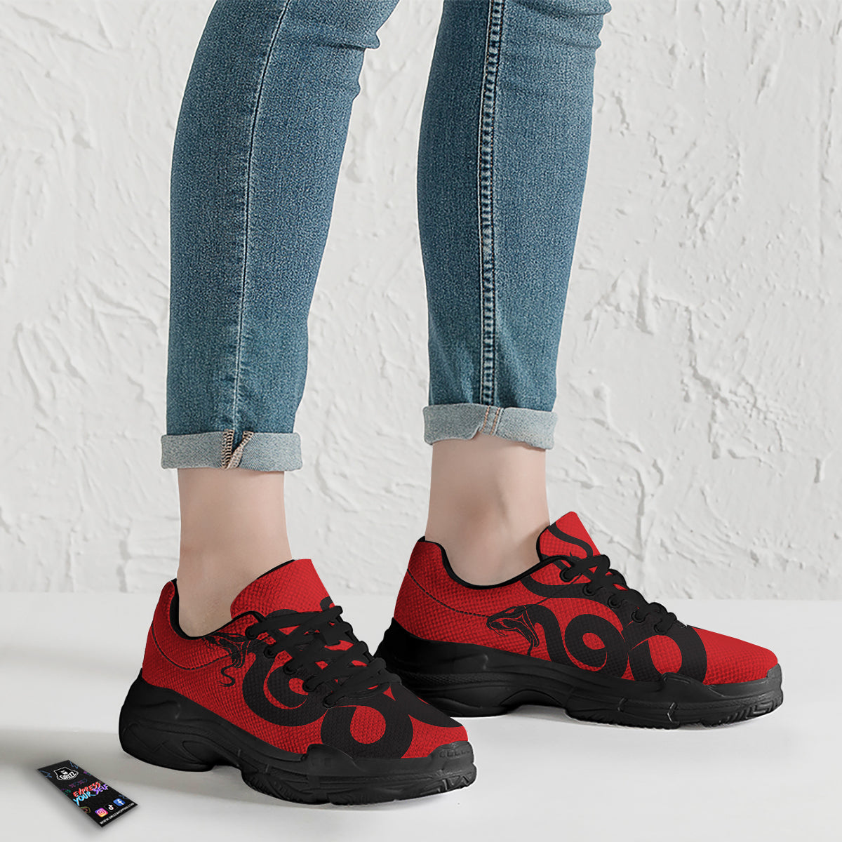 Red And Black Snakes Sign Print Black Chunky Shoes-grizzshop
