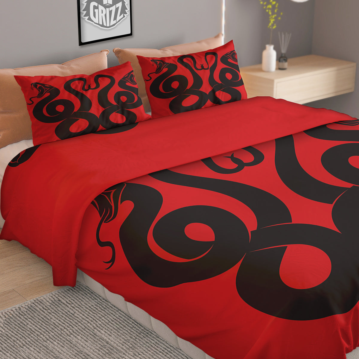 Red And Black Snakes Sign Print Duvet Cover Bedding Set