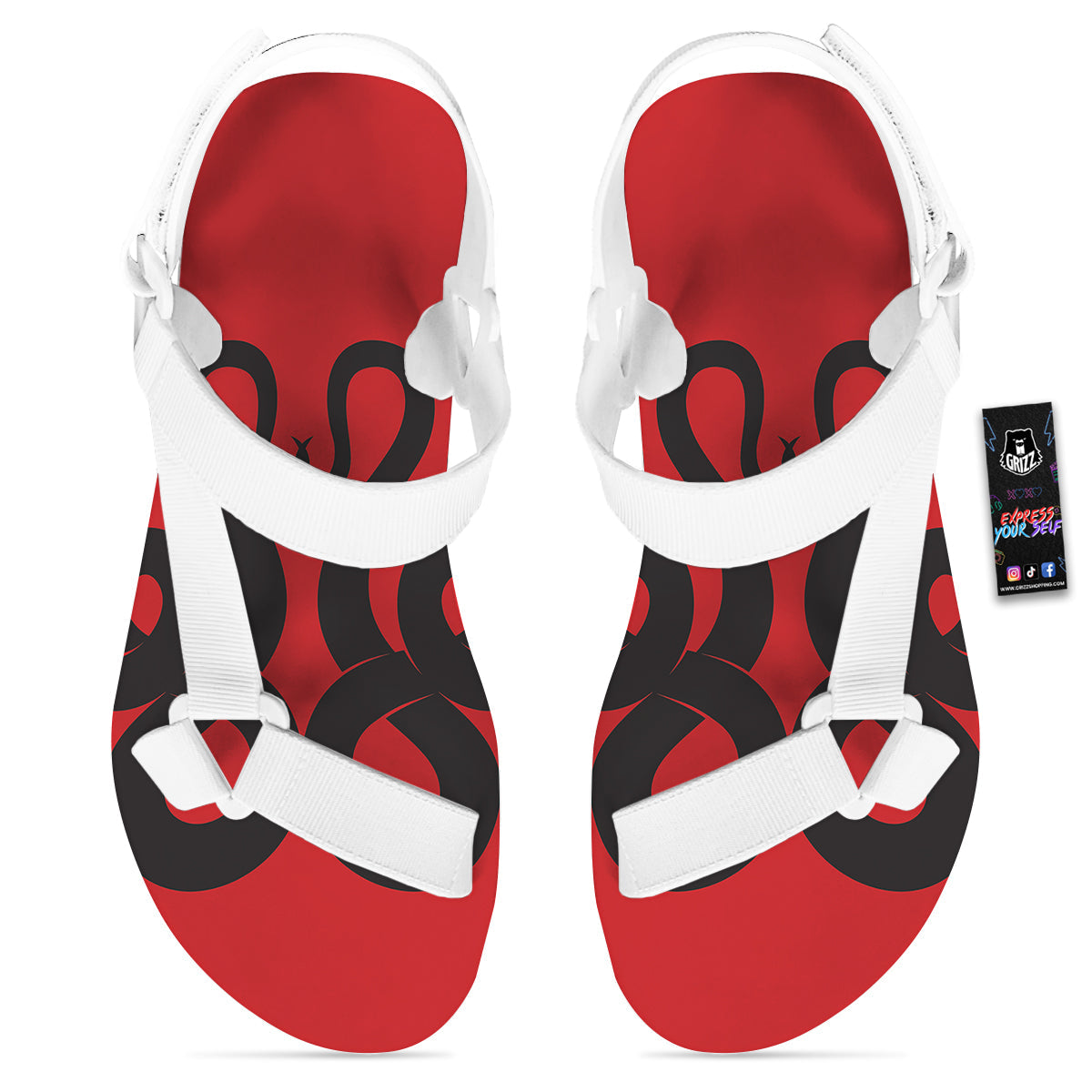 Red And Black Snakes Sign Print White Open Toe Sandals-grizzshop