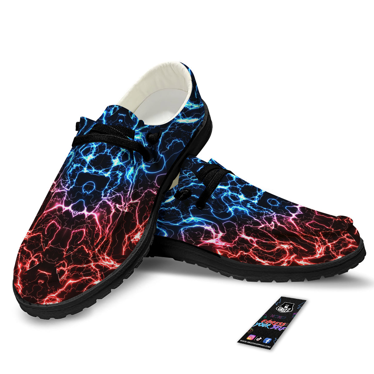 Red And Blue Electrical Print Black Loafers-grizzshop