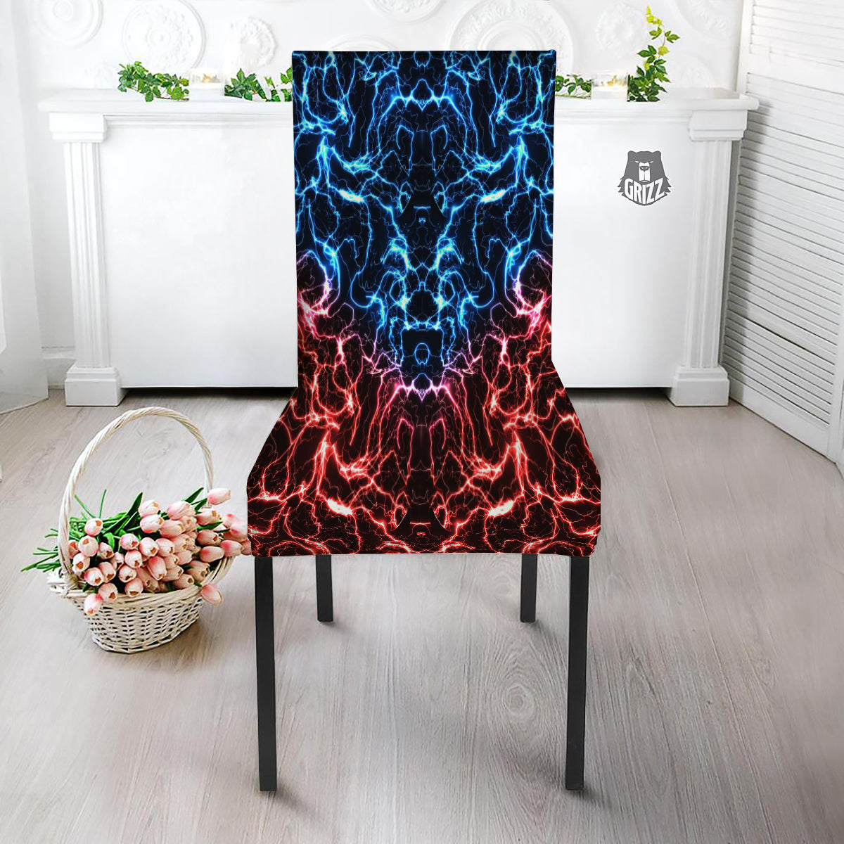 Red And Blue Electrical Print Dining Chair Slipcover-grizzshop