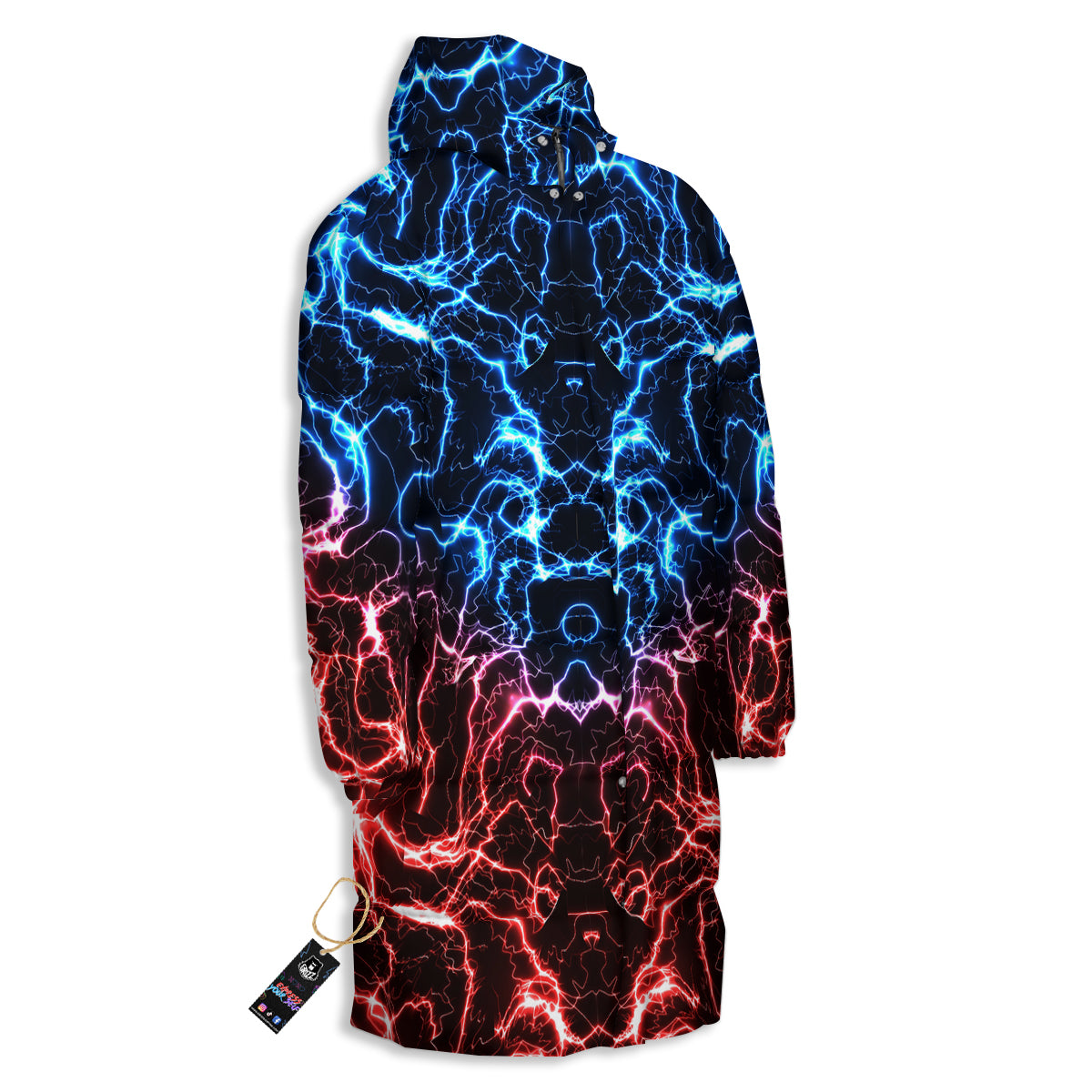 Red And Blue Electrical Print Long Down Jacket-grizzshop