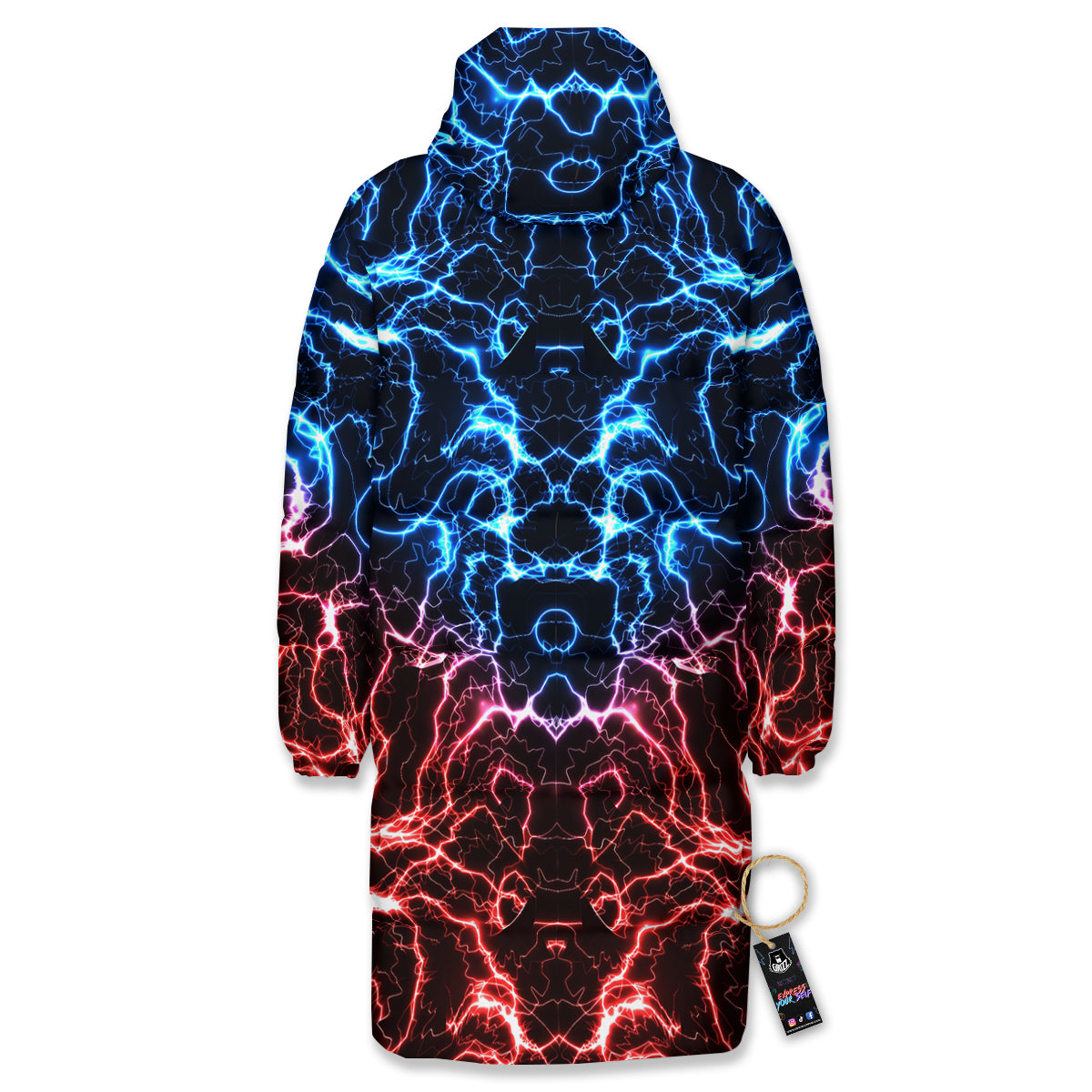 Red And Blue Electrical Print Long Down Jacket-grizzshop