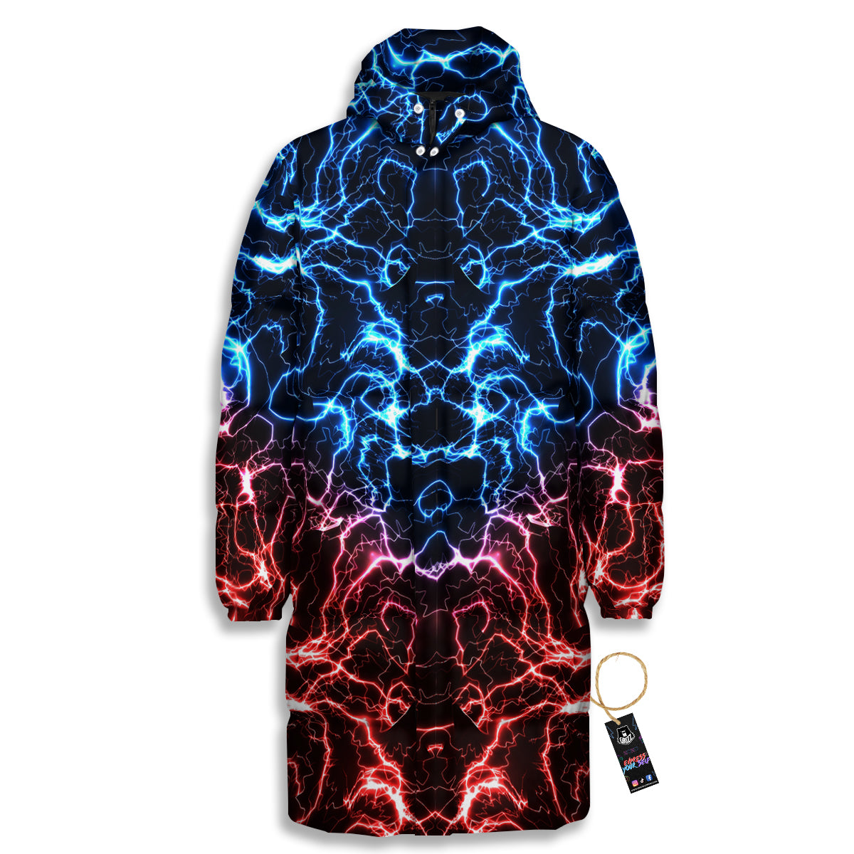 Red And Blue Electrical Print Long Down Jacket-grizzshop
