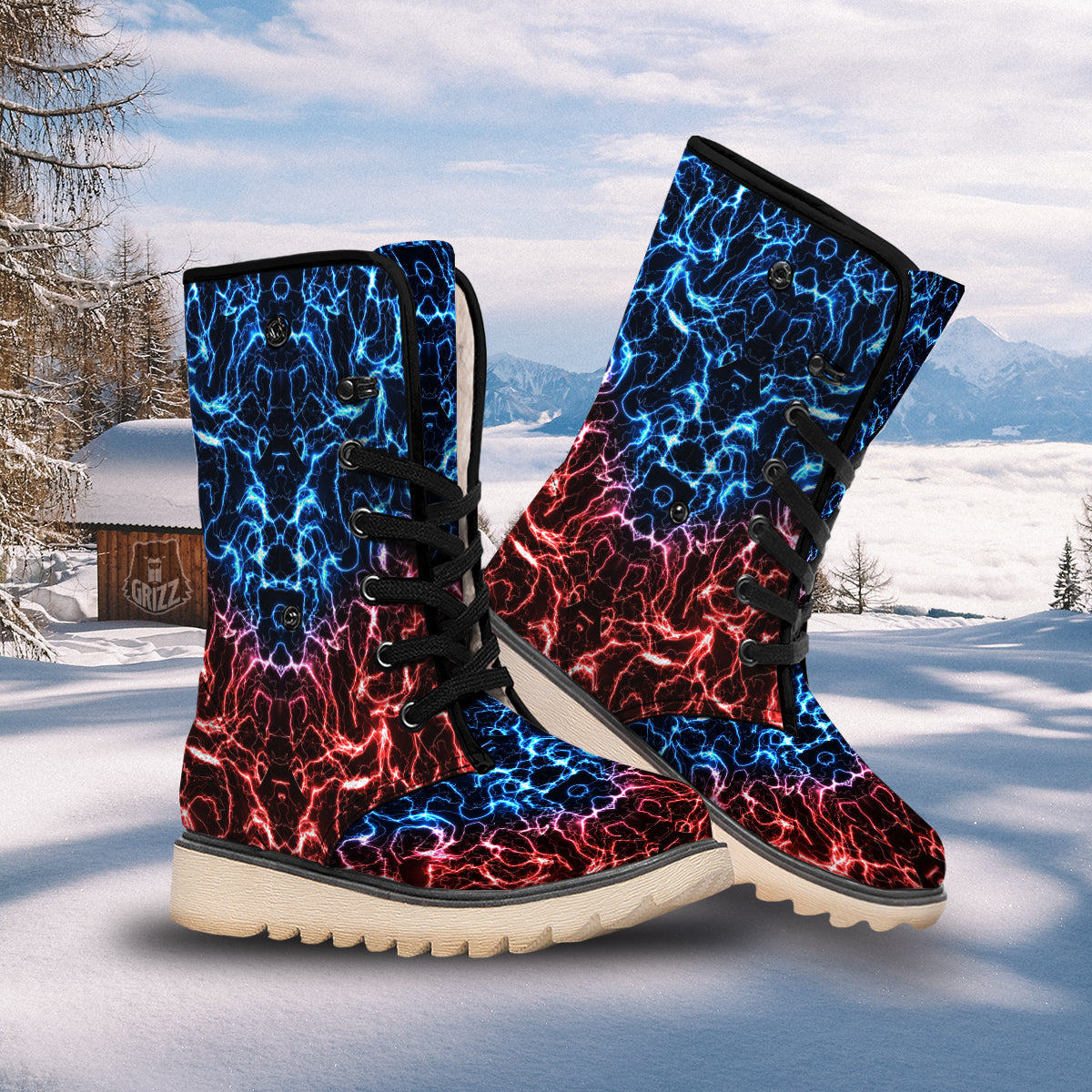 Red And Blue Electrical Print Snow Boots-grizzshop
