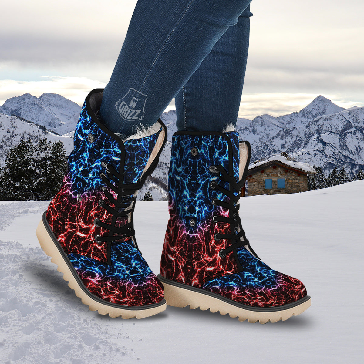 Red And Blue Electrical Print Snow Boots-grizzshop