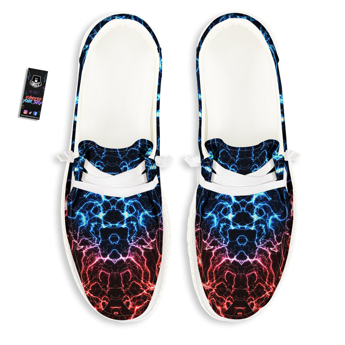 Red And Blue Electrical Print White Loafers-grizzshop