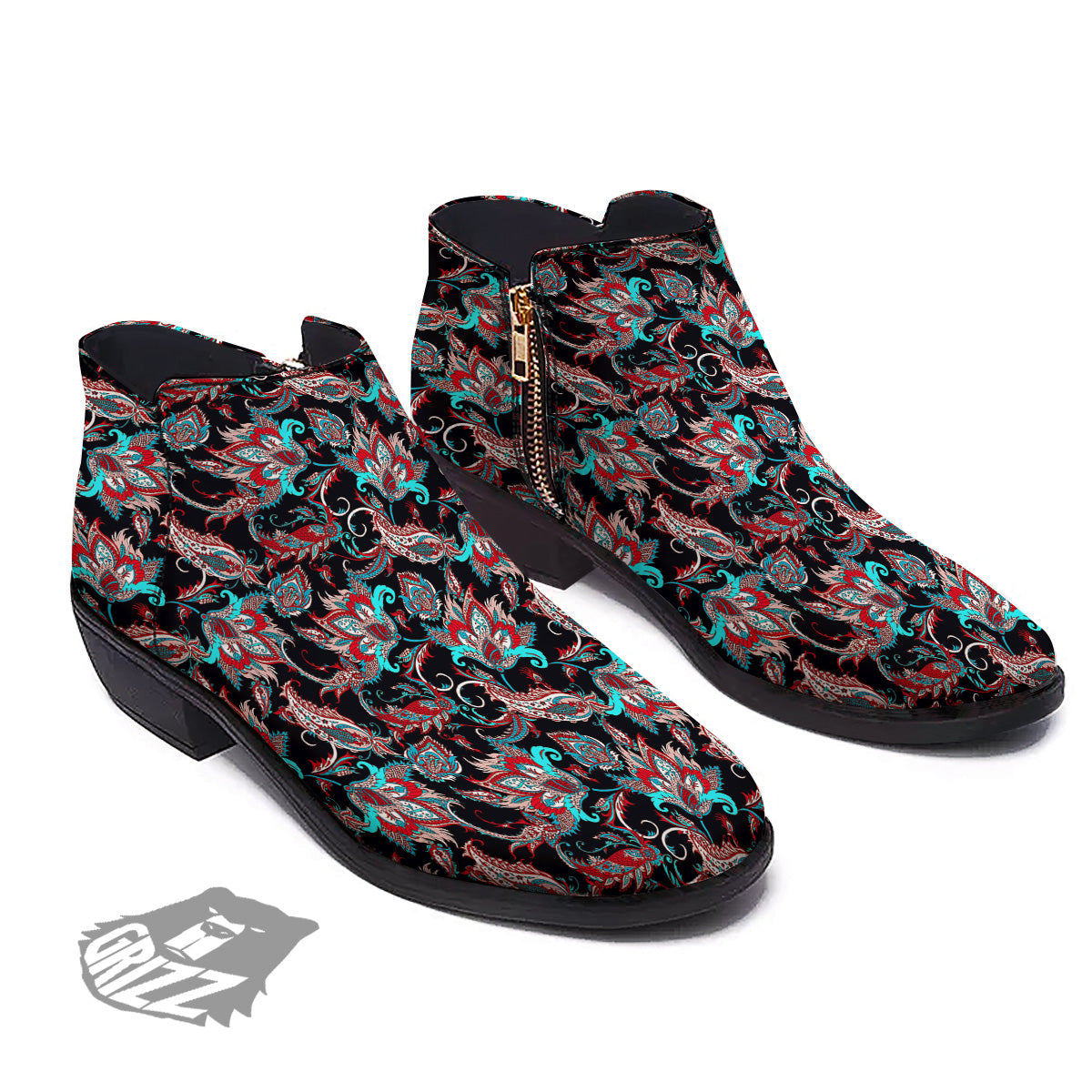 Red And Blue Neon Paisley Floral Print Pattern Ankle Boots-grizzshop