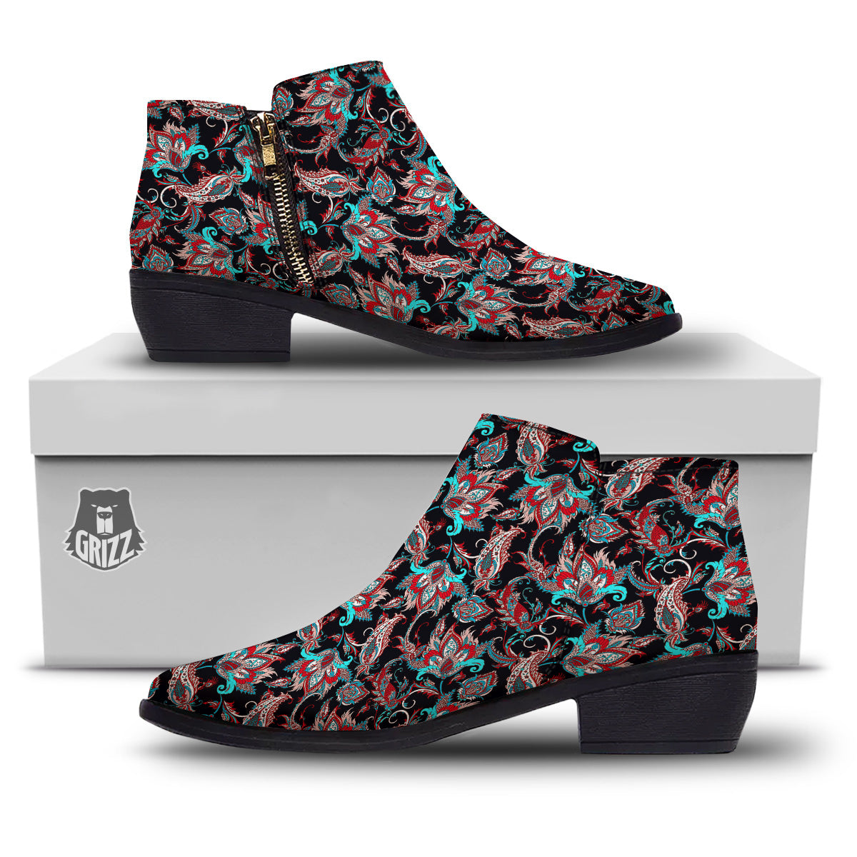 Red And Blue Neon Paisley Floral Print Pattern Ankle Boots-grizzshop