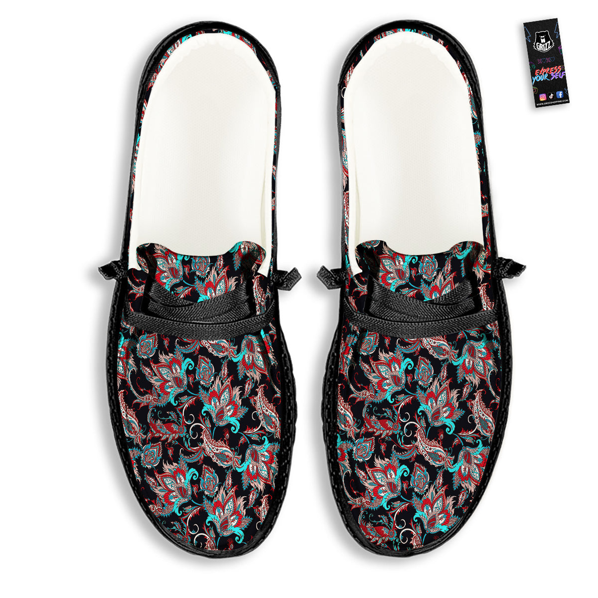 Red And Blue Neon Paisley Floral Print Pattern Black Loafers-grizzshop