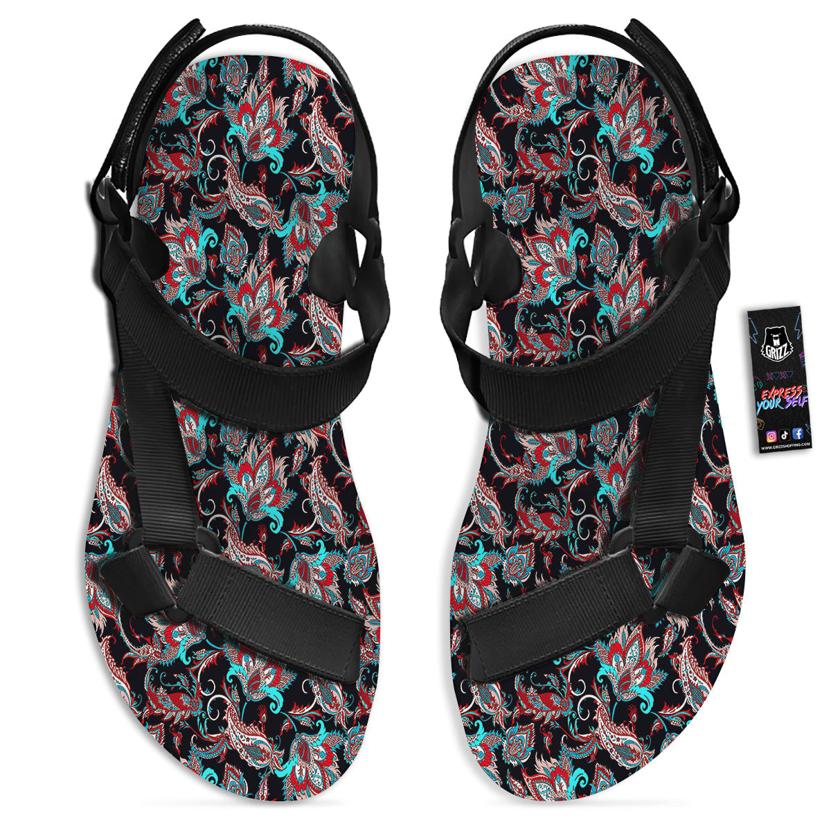 Red And Blue Neon Paisley Floral Print Pattern Black Open Toe Sandals-grizzshop