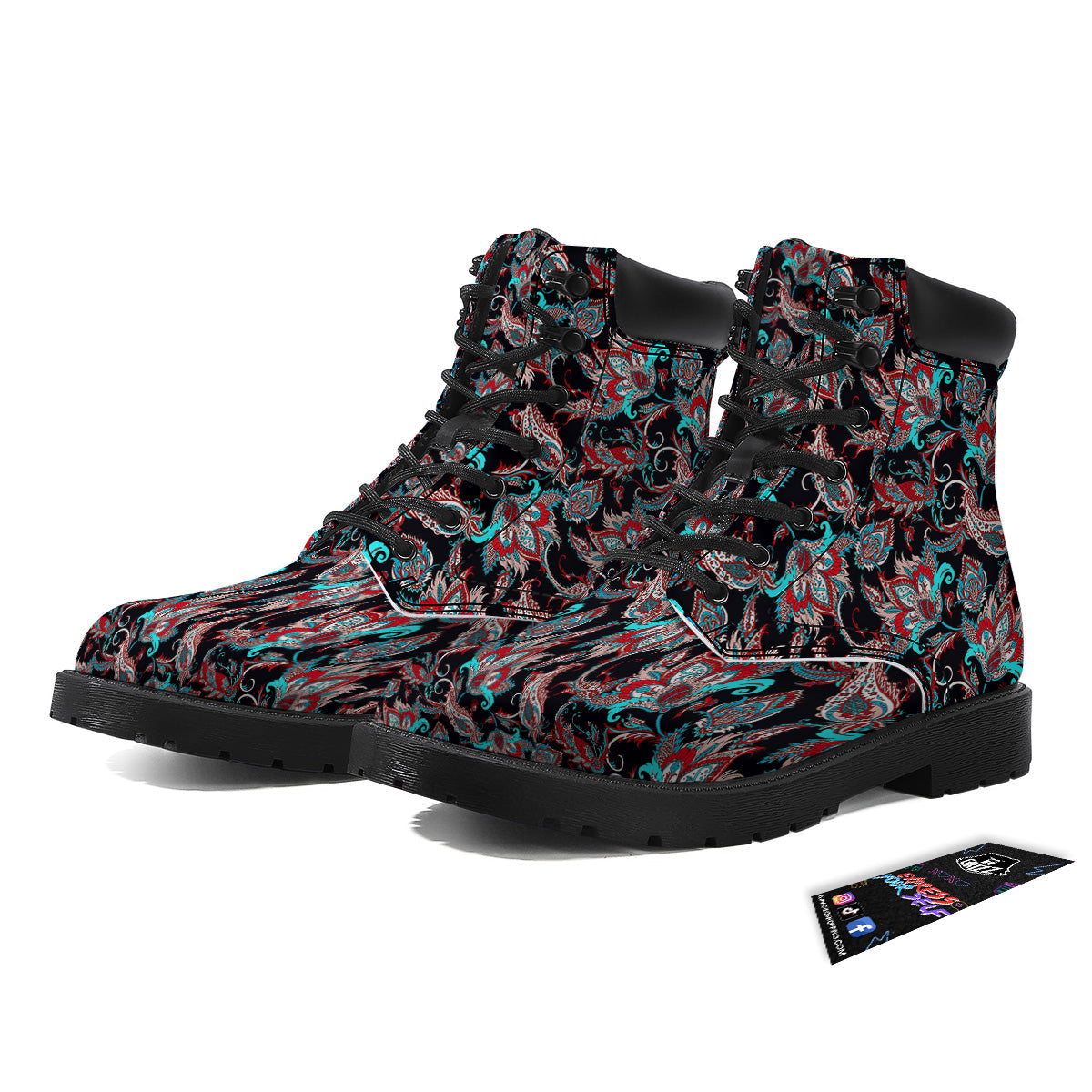 Red And Blue Neon Paisley Floral Print Pattern Boots-grizzshop