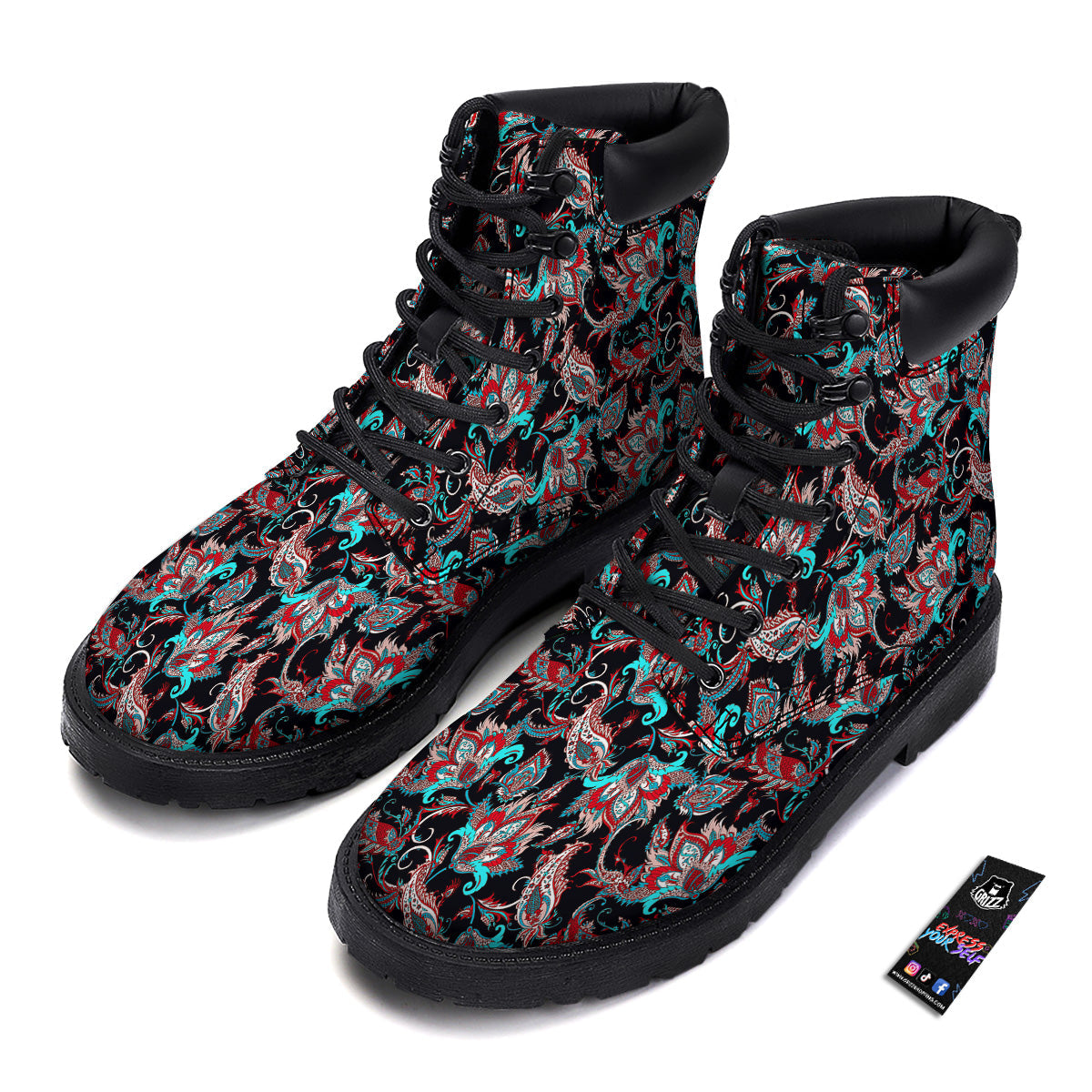 Red And Blue Neon Paisley Floral Print Pattern Boots-grizzshop