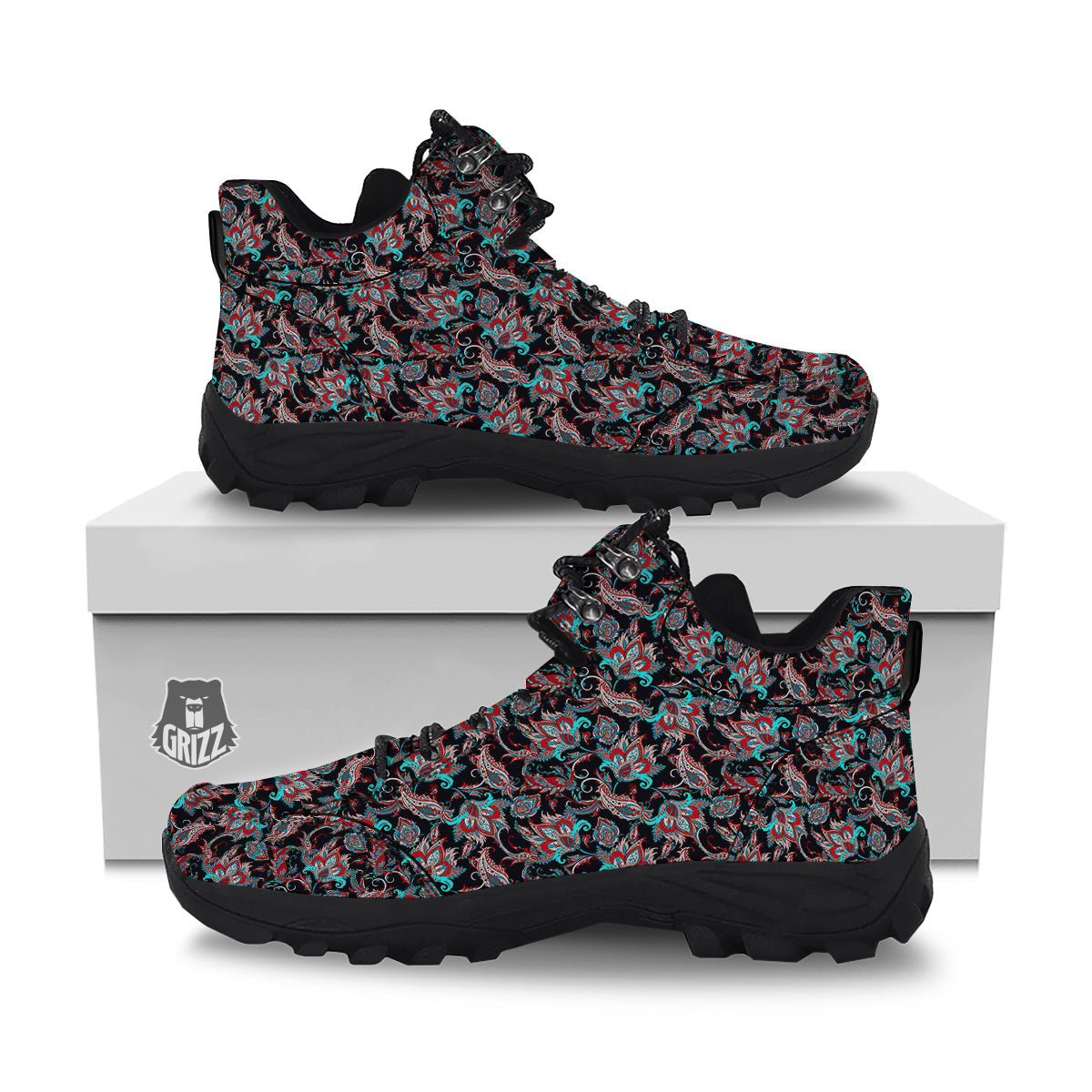 Red And Blue Neon Paisley Floral Print Pattern Hiking Shoes-grizzshop