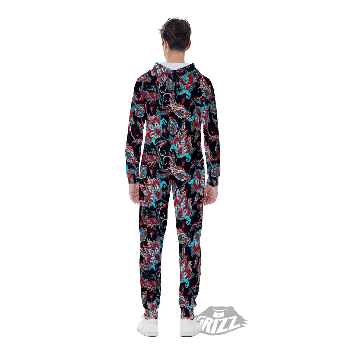 Red And Blue Neon Paisley Floral Print Pattern Men's Jumpsuit-grizzshop