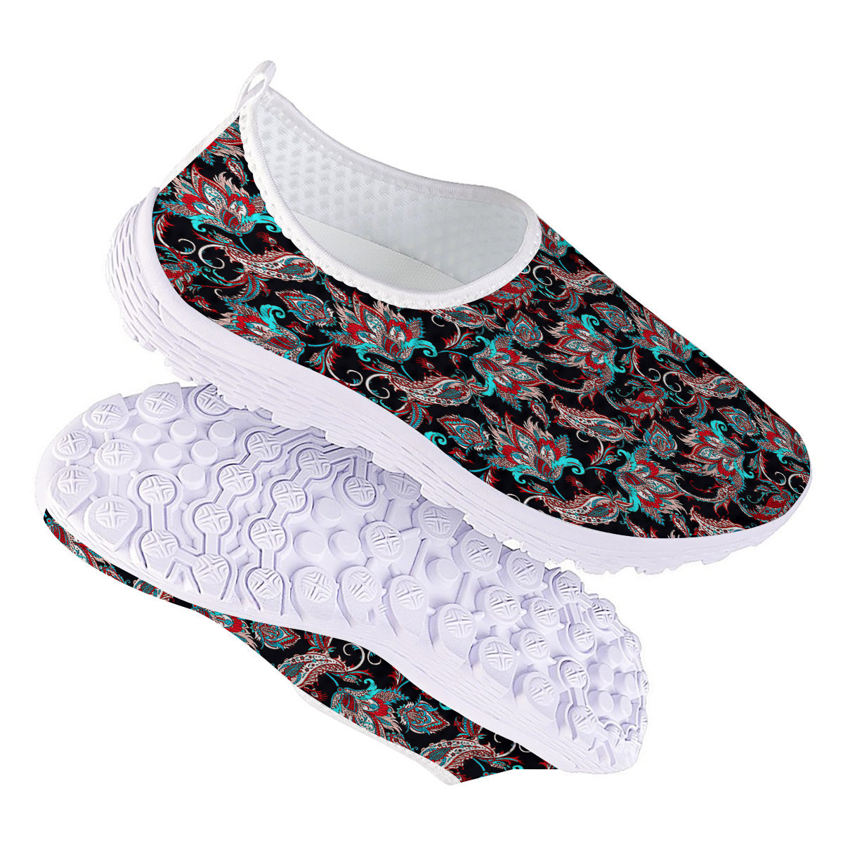 Red And Blue Neon Paisley Floral Print Pattern Nurse Shoes-grizzshop