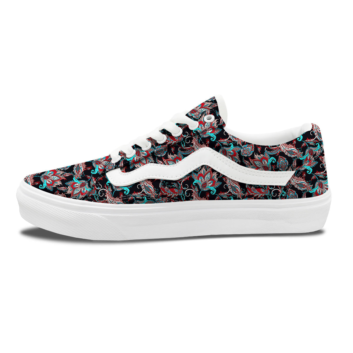 Red And Blue Neon Paisley Floral Print Pattern Skate Shoes-grizzshop