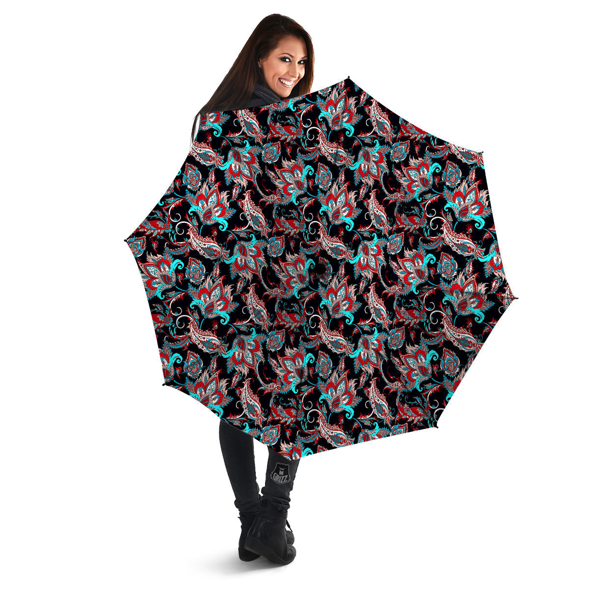 Red And Blue Neon Paisley Floral Print Pattern Umbrella-grizzshop