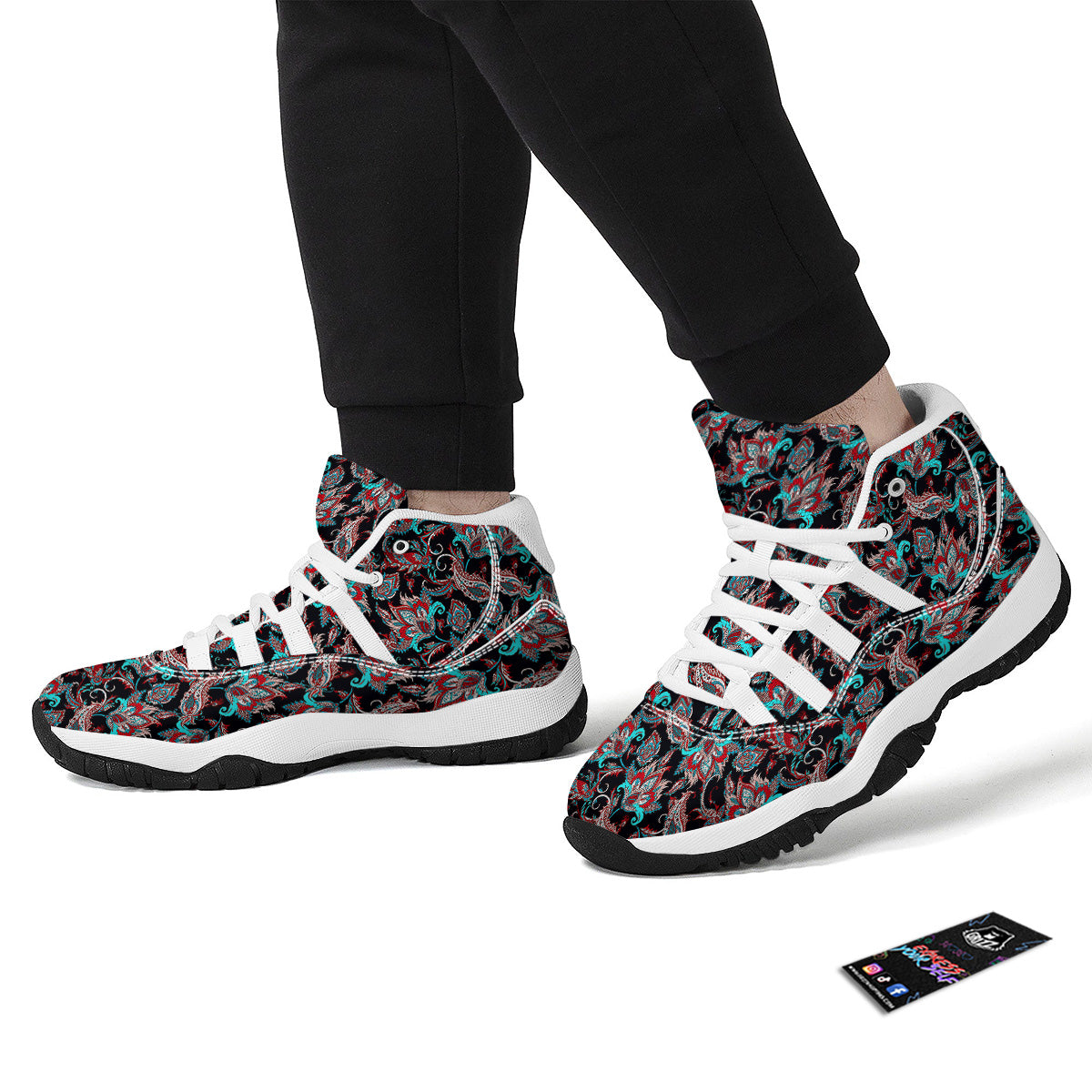 Red And Blue Neon Paisley Floral Print Pattern White Bball Shoes-grizzshop