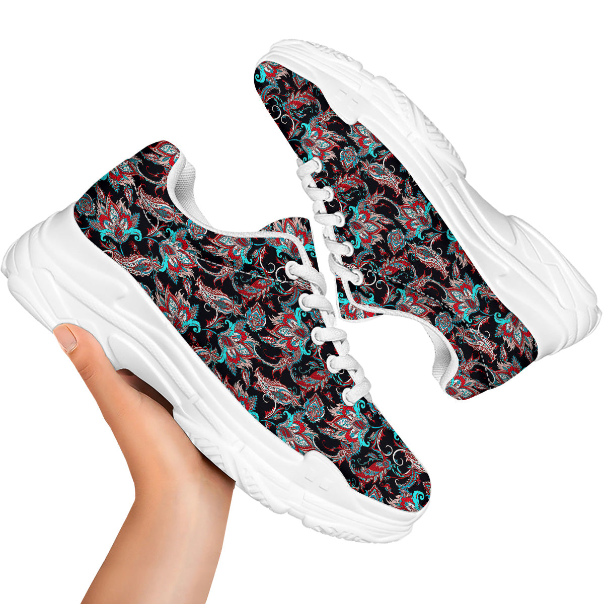 Red And Blue Neon Paisley Floral Print Pattern White Chunky Shoes-grizzshop