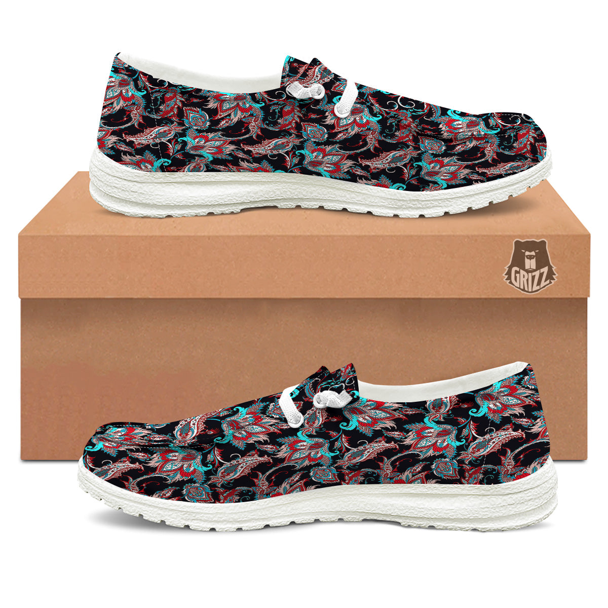Red And Blue Neon Paisley Floral Print Pattern White Loafers-grizzshop