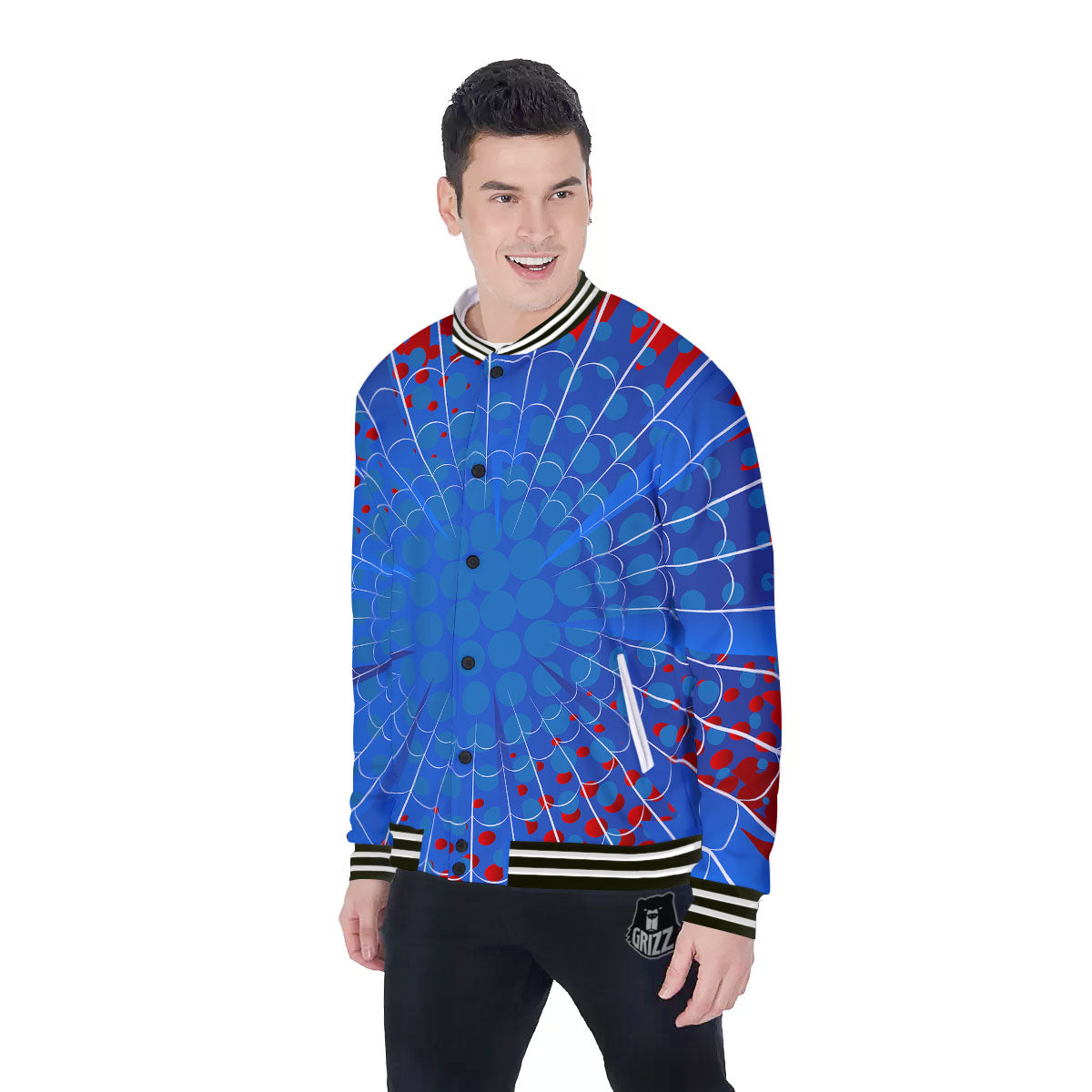 Red And Blue Spider Web Cartoon Print Baseball Jacket-grizzshop