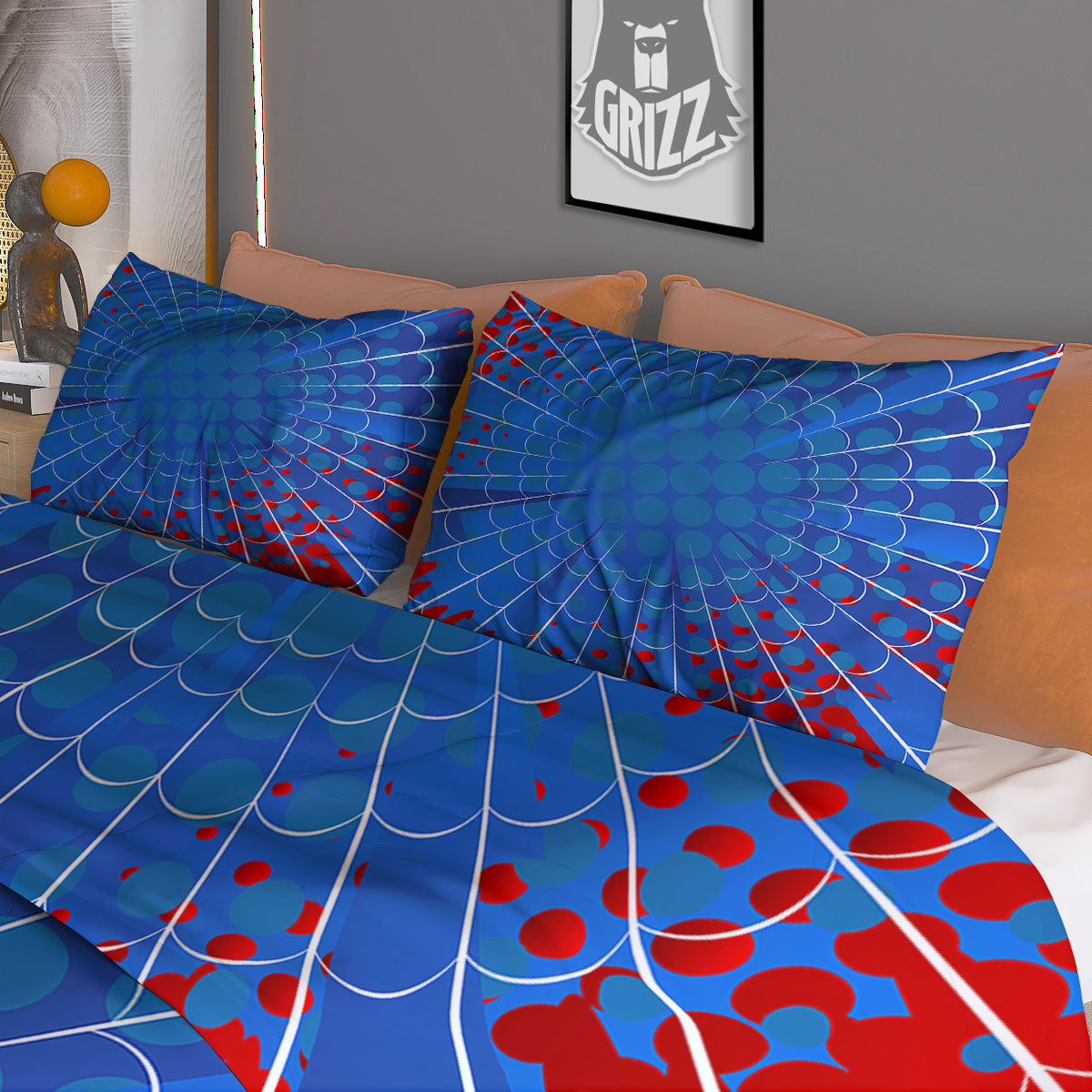 Red And Blue Spider Web Cartoon Print Duvet Cover Bedding Set